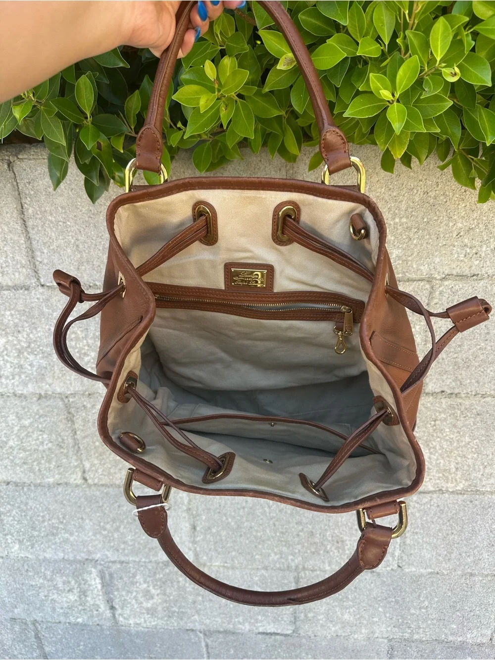 Vintage Ralph Lauren LXVII Brown Leather Tote SATCHEL COGNAC CREST WORK Bag